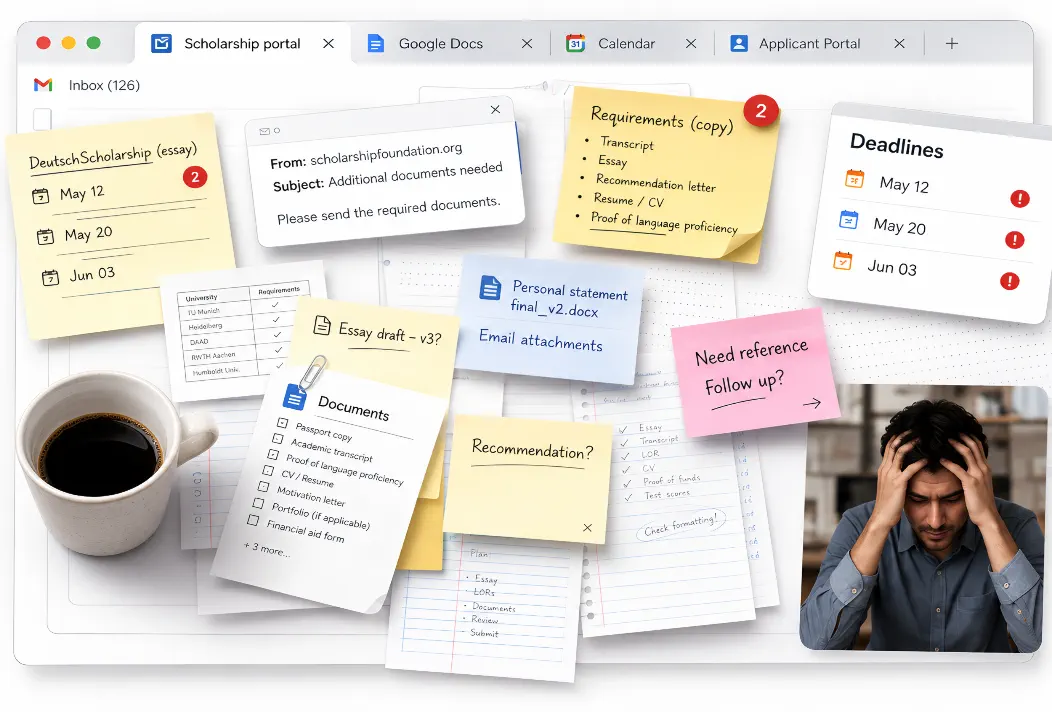 Scholarship deadlines, emails, requirements and document drafts scattered across tabs and notes.